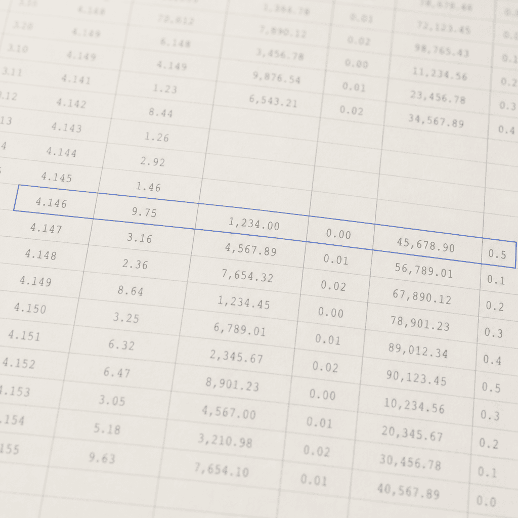A ledger sheet of fine hairline rows with one row marked in blue